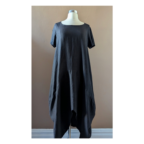 Linen Cocoon Style Mid Length Dress In Black - Picture 2 of 6